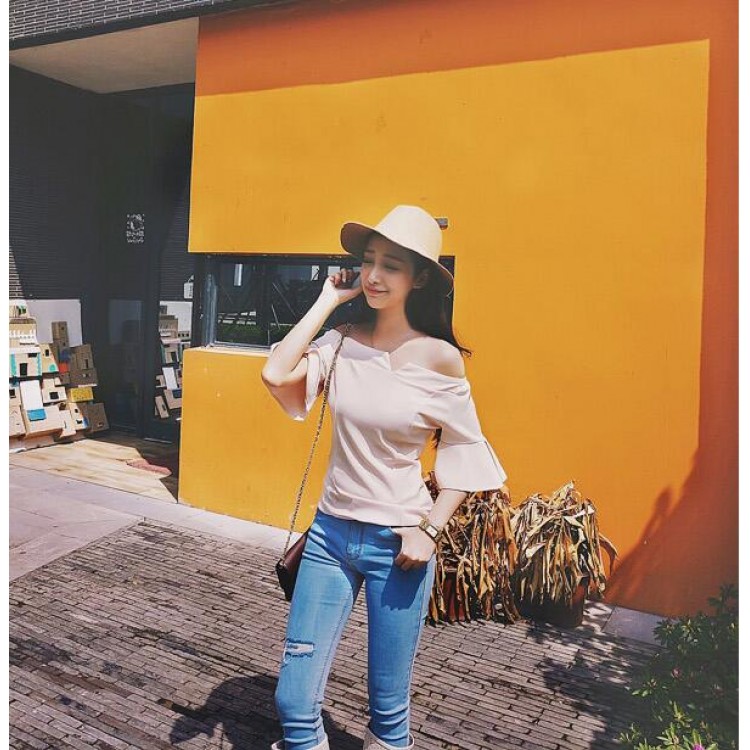 TE3169LXY Top in chiffon spesso con scollo a barchetta e maniche a balze dal design unico-4