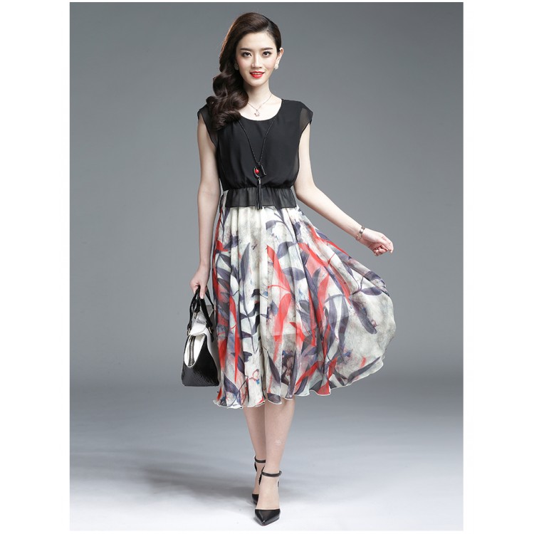 TE3175BDKJ Abito in chiffon a trapezio con stampa di nuovo stile-1