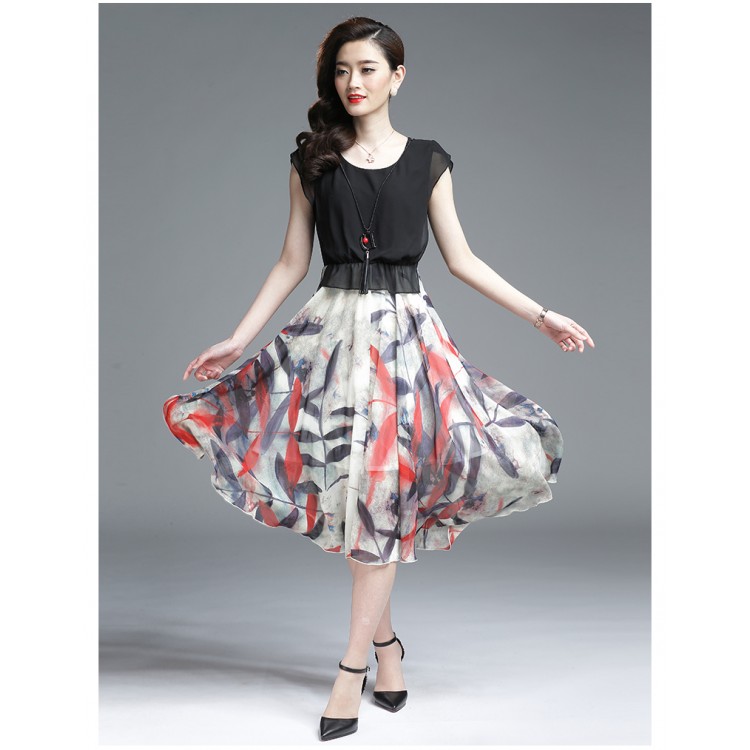 TE3175BDKJ Abito in chiffon a trapezio con stampa di nuovo stile-2