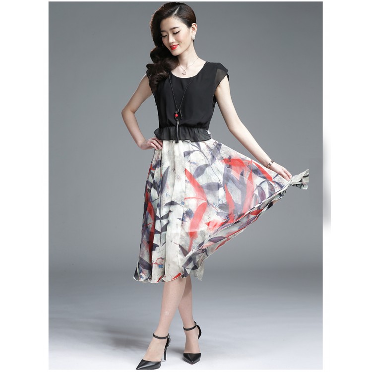 TE3175BDKJ Abito in chiffon a trapezio con stampa di nuovo stile-3