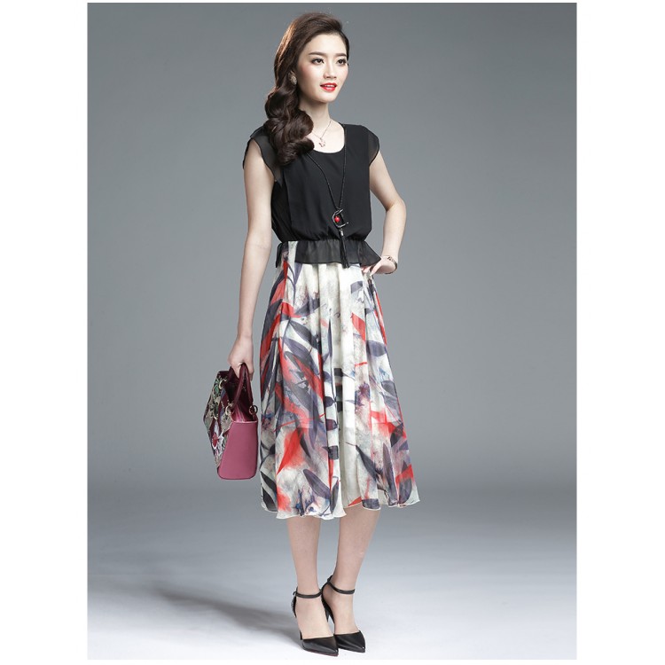 TE3175BDKJ Abito in chiffon a trapezio con stampa di nuovo stile-4