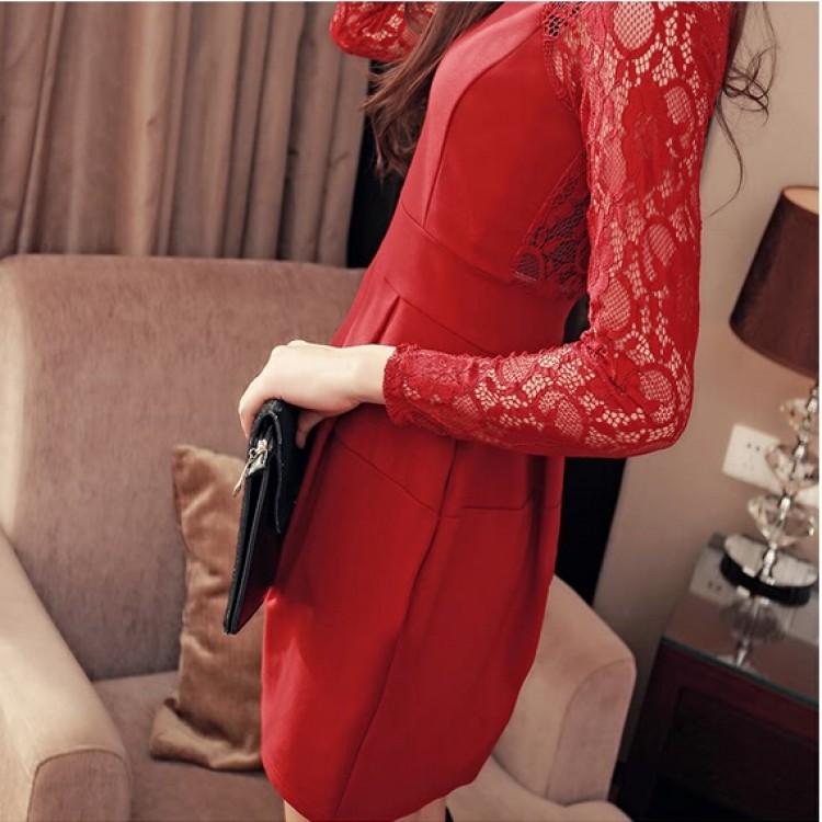 TE3201MY Abito autunnale in pizzo a maniche lunghe con vita slim-4