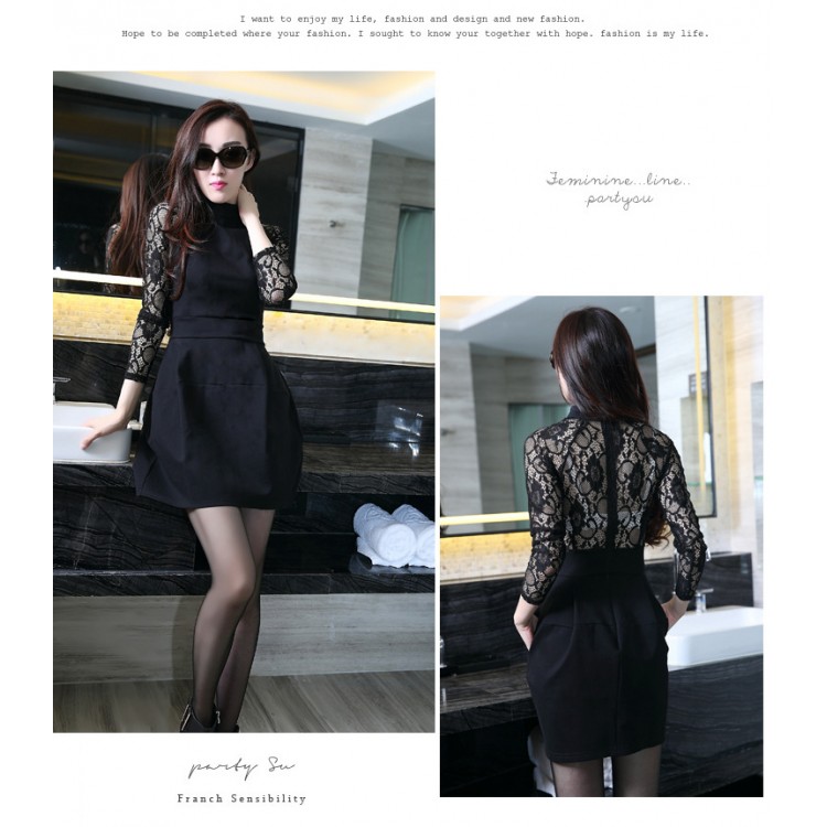 TE3201MY Abito autunnale in pizzo a maniche lunghe con vita slim-6