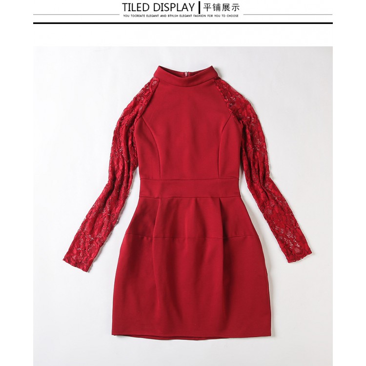 TE3201MY Abito autunnale in pizzo a maniche lunghe con vita slim-8