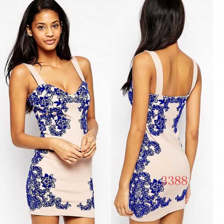 TE3388WYN Abito sexy con gilet aderente sui fianchi con stampa in porcellana blu e bianca-5
