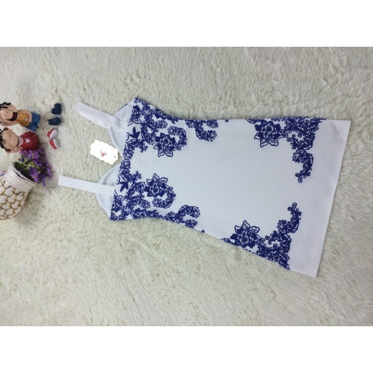 TE3388WYN Abito sexy con gilet aderente sui fianchi con stampa in porcellana blu e bianca-3