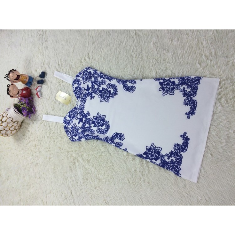 TE3388WYN Abito sexy con gilet aderente sui fianchi con stampa in porcellana blu e bianca-4