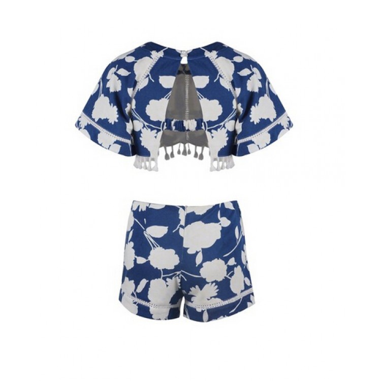 TE3879NX Top corto con nappe con stampa digitale di foglie di loto e pantaloncini-3