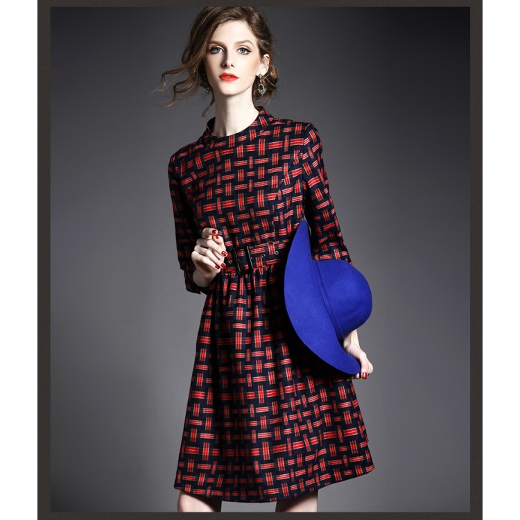 TE3917MY Abito stile principessa a quadri a maniche lunghe in stile europeo-1