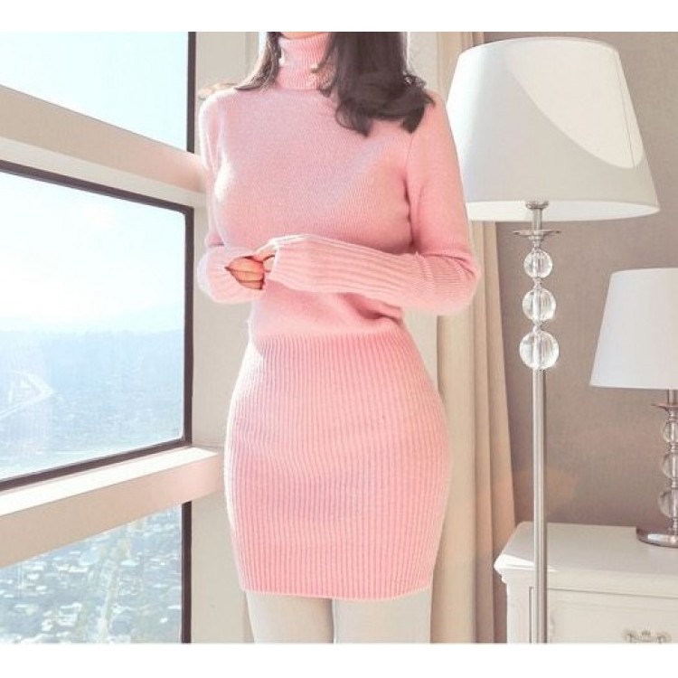 TE5001YYM Abito in maglia a maniche lunghe con collo alto e fianchi stretti-8