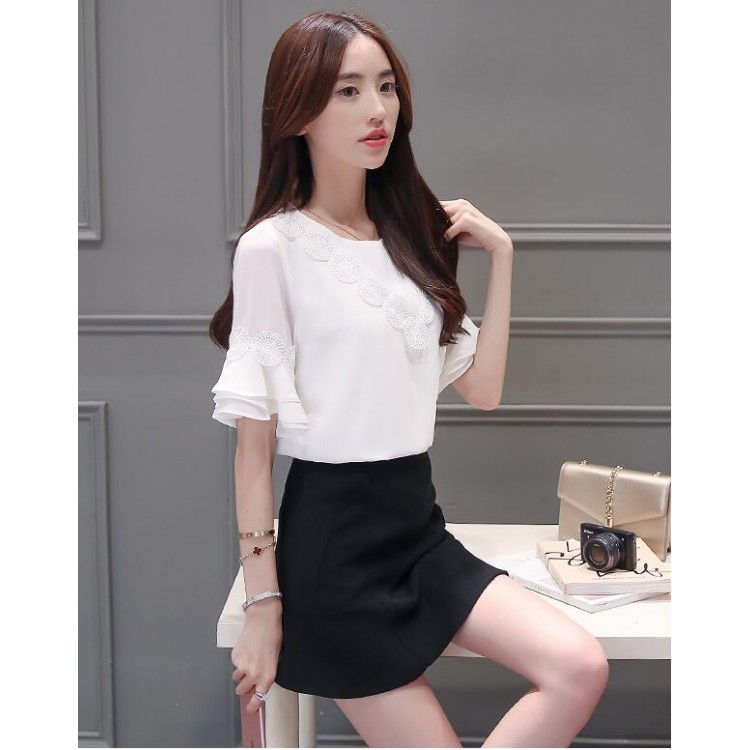 TE5030XBFS Top alla moda coreana con scollo tondo, maniche a tromba e gonna attillata-3