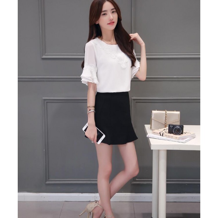 TE5030XBFS Top alla moda coreana con scollo tondo, maniche a tromba e gonna attillata-4