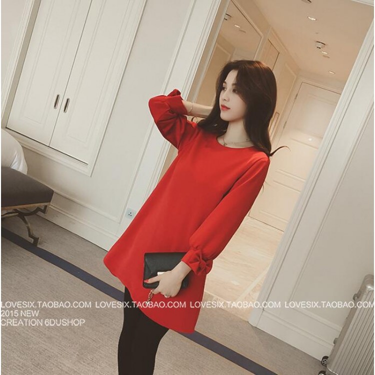 TE5062LXY Abito girocollo in puro colore con maniche bowknot-1