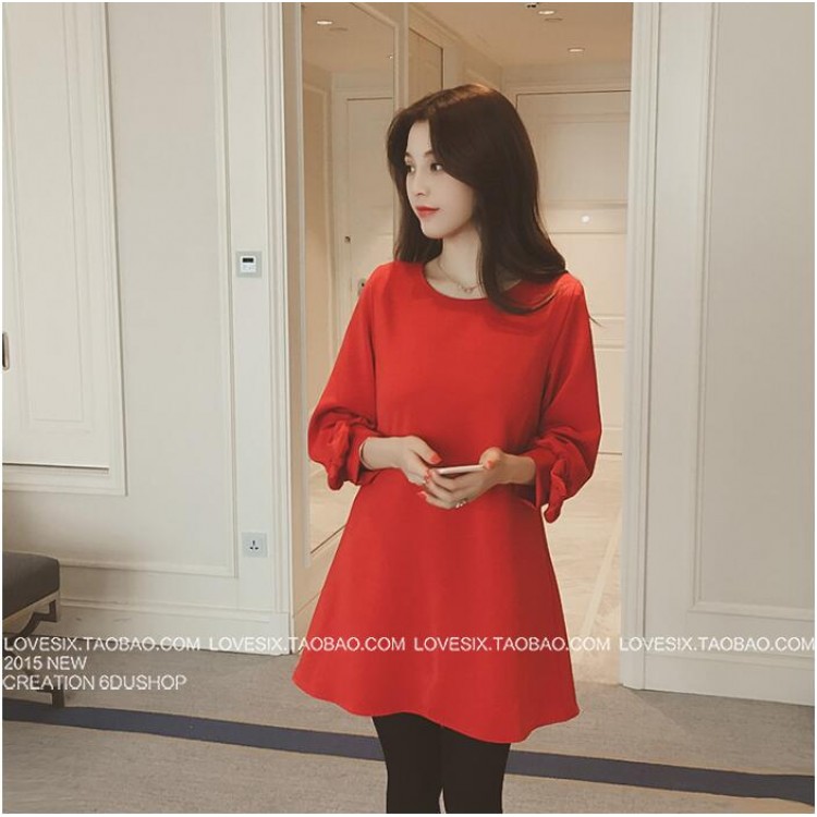 TE5062LXY Abito girocollo in puro colore con maniche bowknot-2