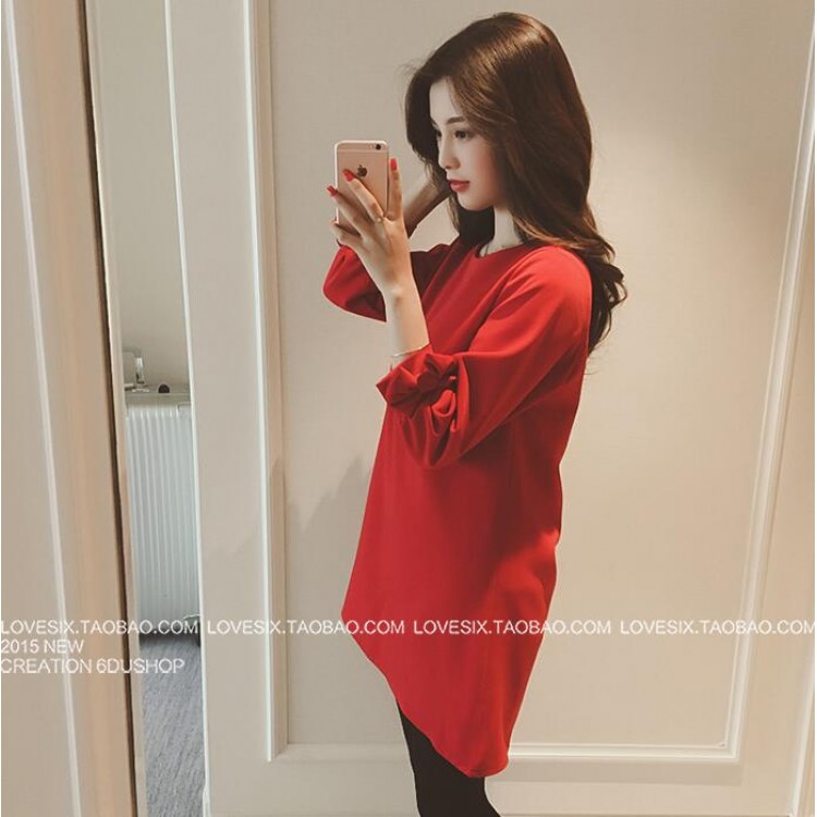 TE5062LXY Abito girocollo in puro colore con maniche bowknot-3