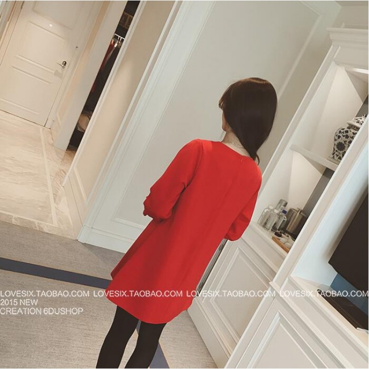 TE5062LXY Abito girocollo in puro colore con maniche bowknot-4