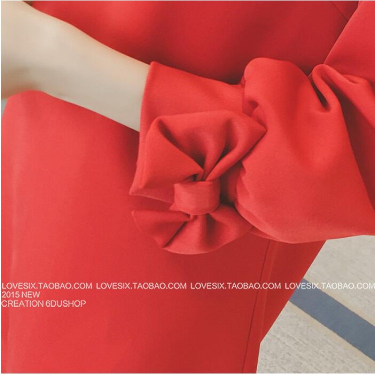 TE5062LXY Abito girocollo in puro colore con maniche bowknot-5