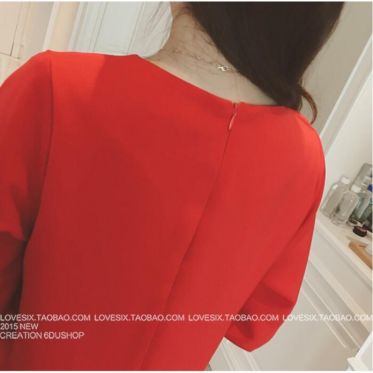 TE5062LXY Abito girocollo in puro colore con maniche bowknot-6