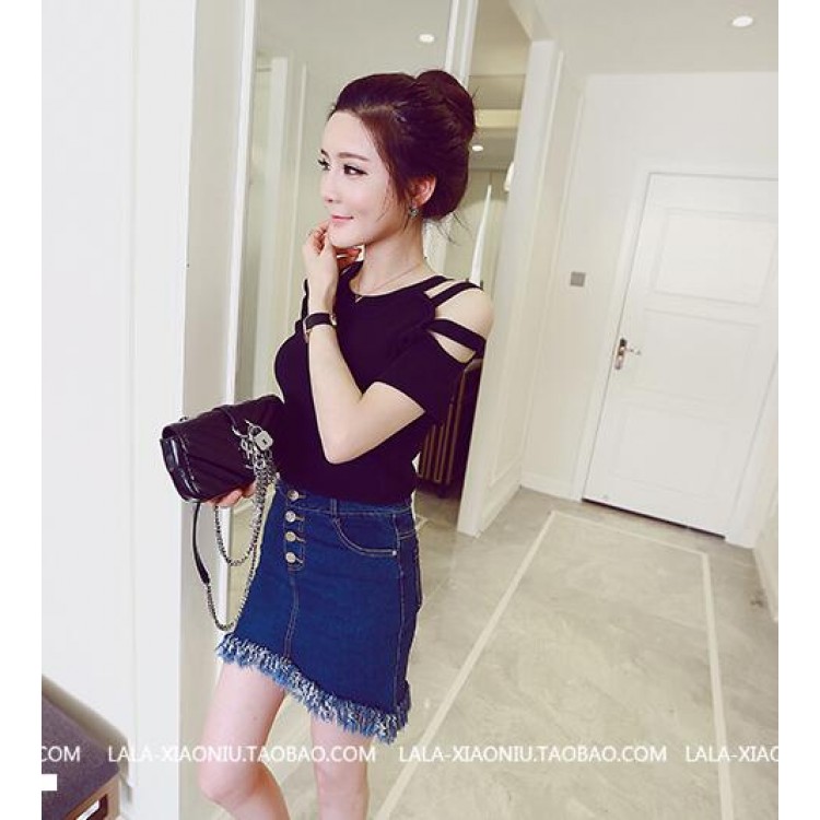 TE5090DDFS Gonna in denim stile coreano con una fila di bottoni e nappe-2