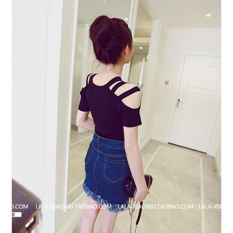 TE5090DDFS Gonna in denim stile coreano con una fila di bottoni e nappe-3