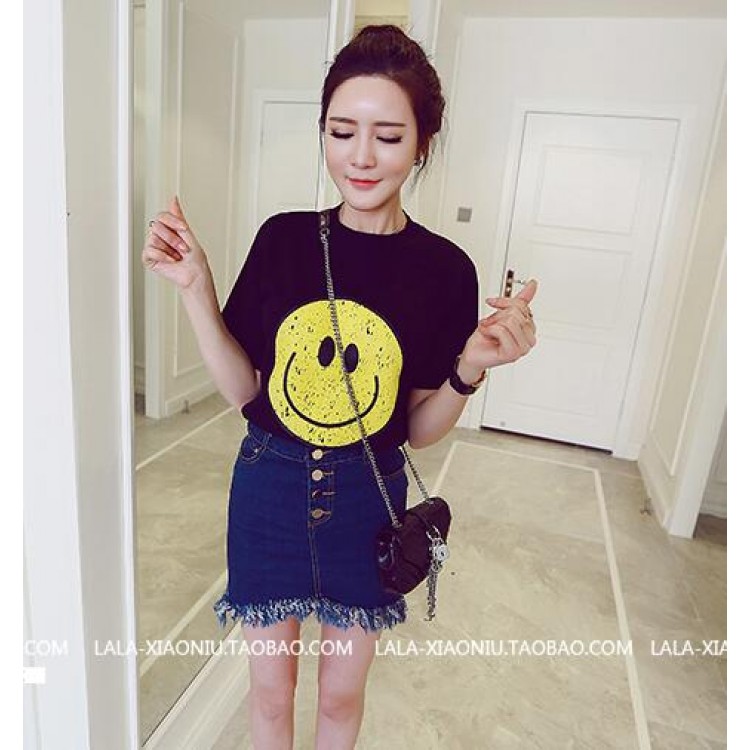 TE5090DDFS Gonna in denim stile coreano con una fila di bottoni e nappe-4