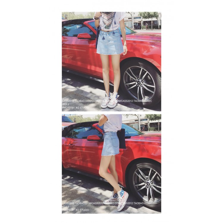 TE5123DDFS Gonna pantalone estiva in denim a trapezio in puro colore con bordo ruvido-3