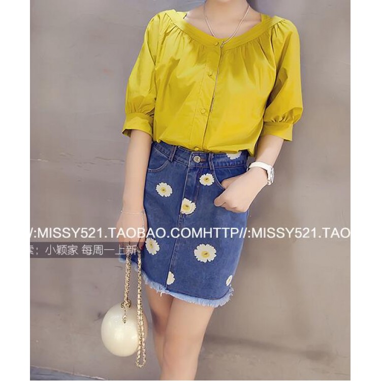 TE5126DDFS Gonna in denim attillata sui fianchi in vita stile impero con ricamo fiori slim Joker-3