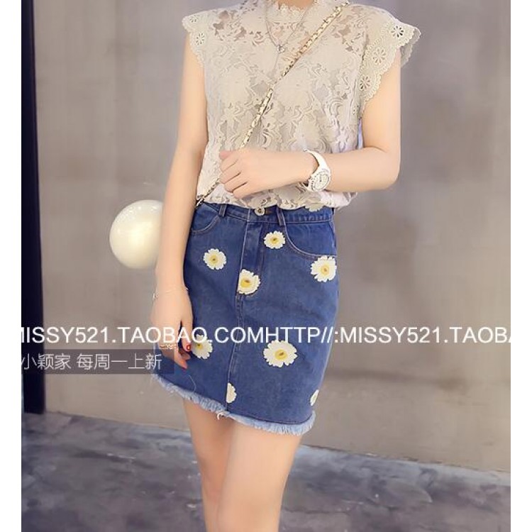 TE5126DDFS Gonna in denim attillata sui fianchi in vita stile impero con ricamo fiori slim Joker-4