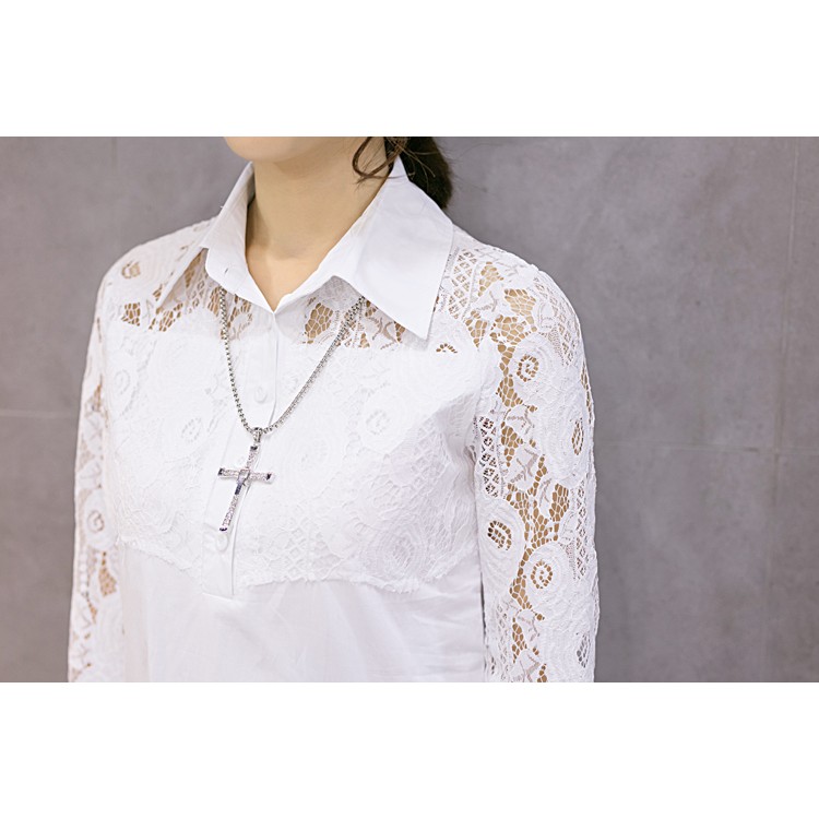 TE5260YJY Camicia bianca a maniche lunghe con impunture in pizzo di nuovo stile-5