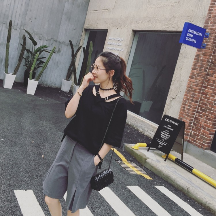 TE5268QBY Pantaloni mezzi lunghi a gamba larga in vita stile impero coreano di nuovo stile-1