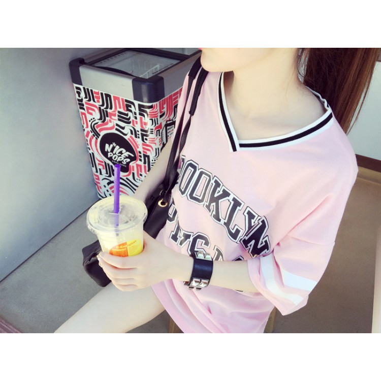 TE5269PPFS T-shirt con stampa di lettere, scollo a V a colori, moda sportiva-1