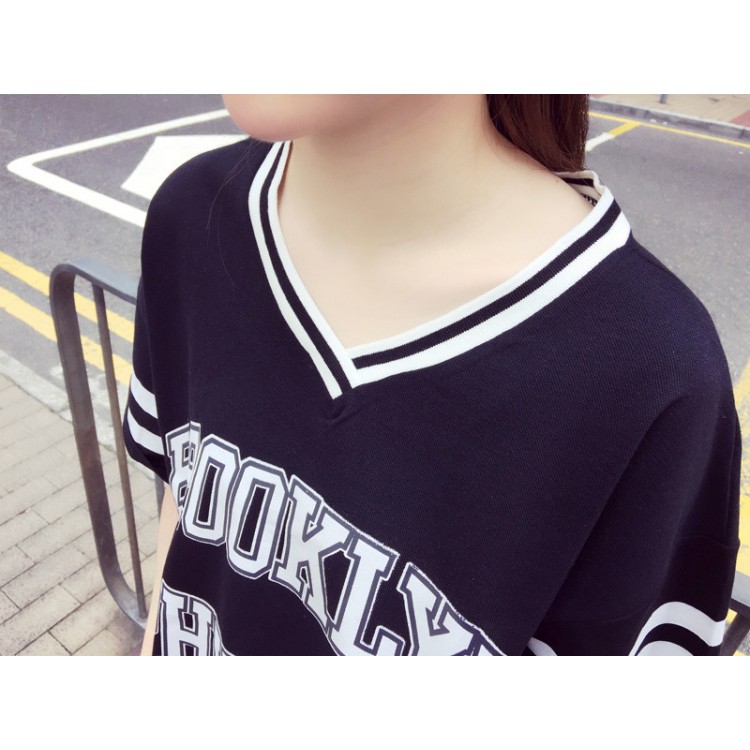 TE5269PPFS T-shirt con stampa di lettere, scollo a V a colori, moda sportiva-2