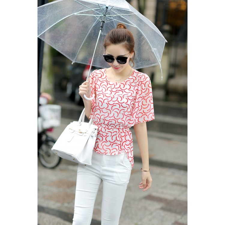 TE5270HM Top estivi in chiffon con stampa e maniche a pipistrello, vita sottile-3