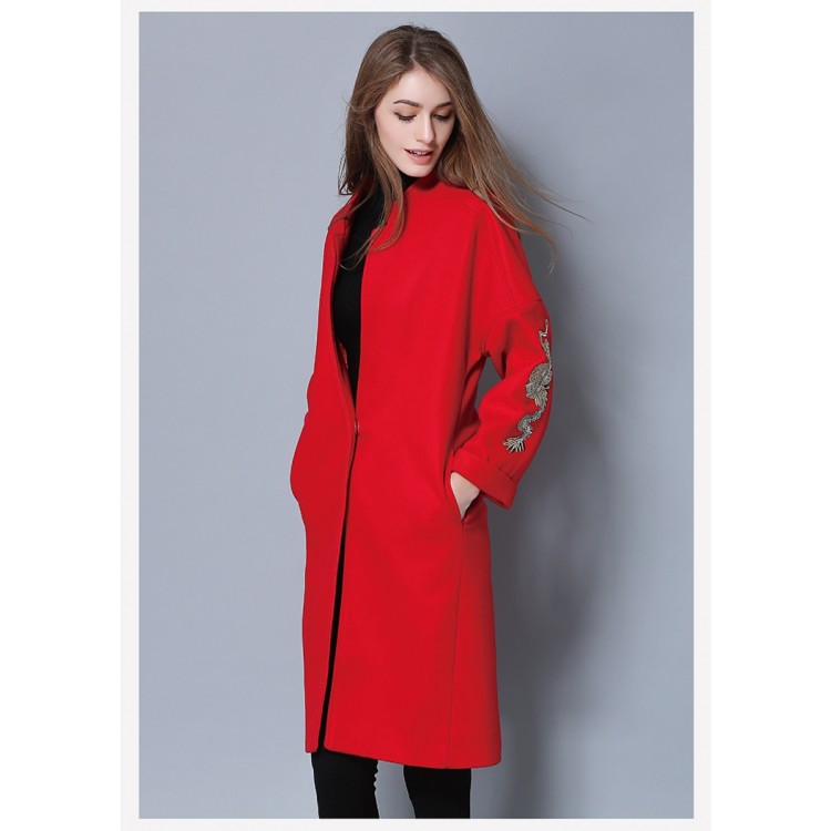 TE5685OSMY Cappotto lungo in lana con maniche slim ricamate in nuovo stile-4