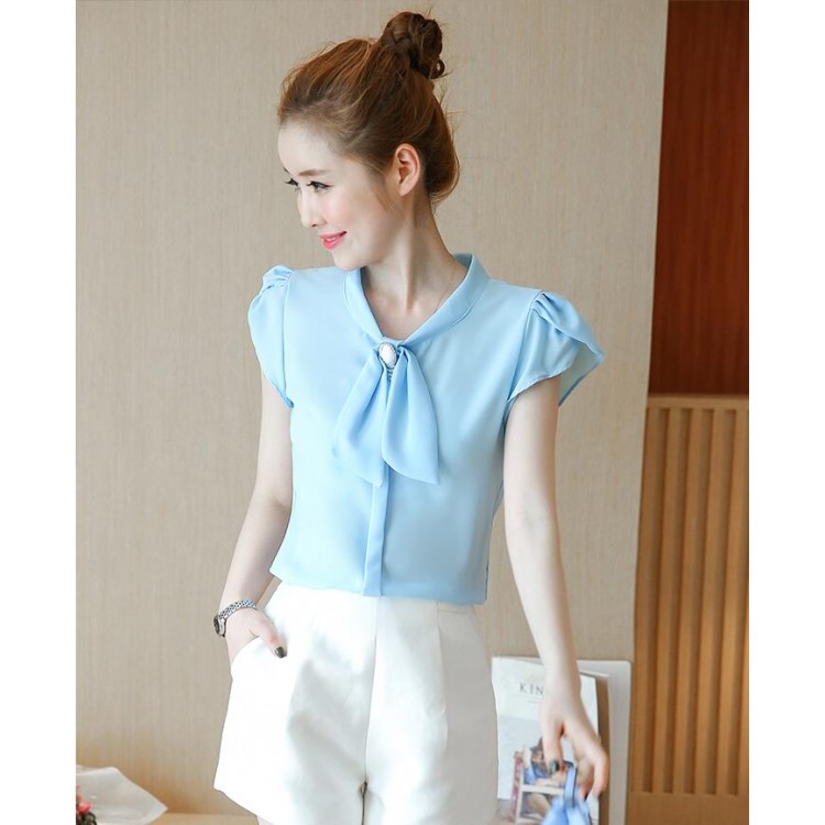 TE573LHFS Camicia estiva in chiffon a maniche corte con collo con fiocco-1