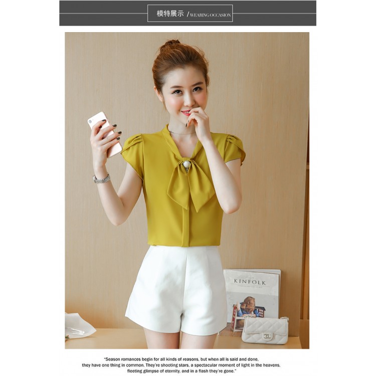 TE573LHFS Camicia estiva in chiffon a maniche corte con collo con fiocco-4