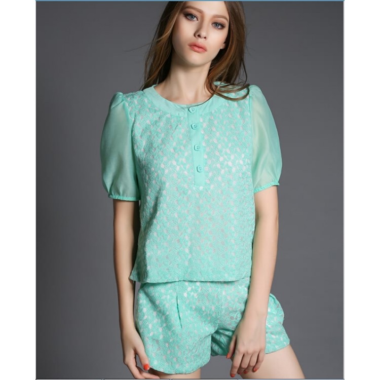 TE5825NS Camicia elegante in pizzo dal temperamento con pantaloncini due pezzi-1