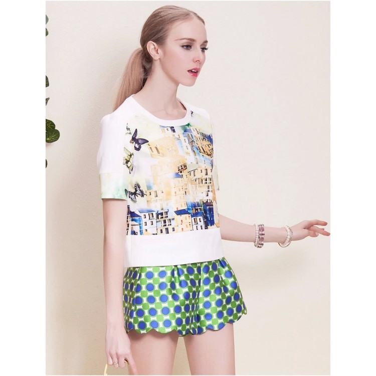 TE5838NS Pantaloncini estivi slim casual a gamba larga a pois-1