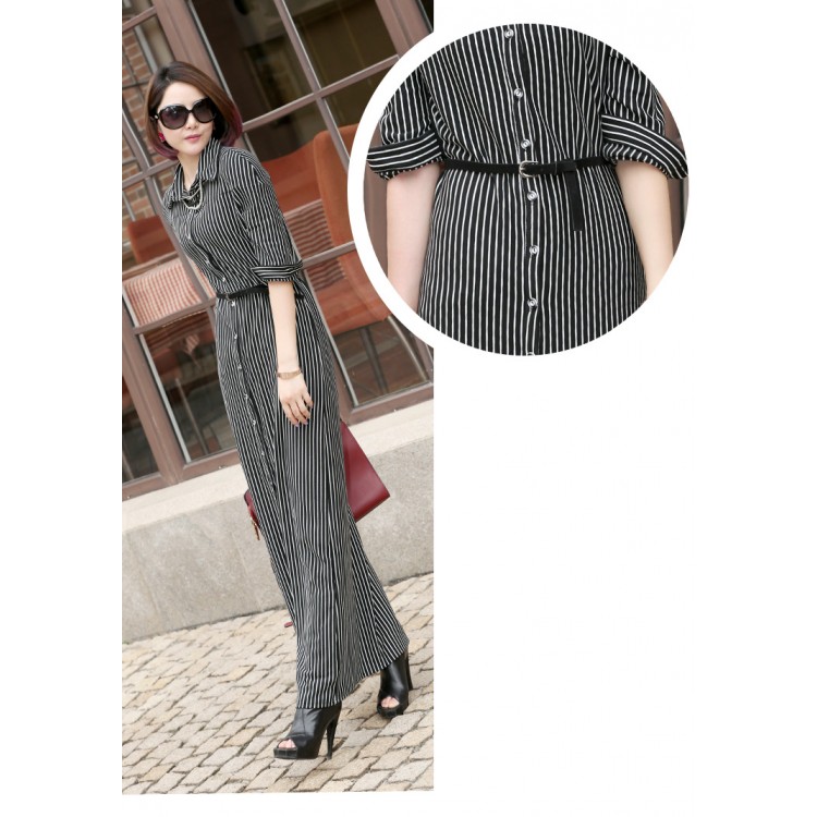 TE6012 Abito lungo Temperament con bottoni a righe e spalline-3