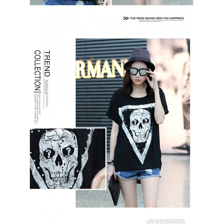 TE6015AYY T-shirt ampia con stampa teschio in metallo per ragazza grassa-3