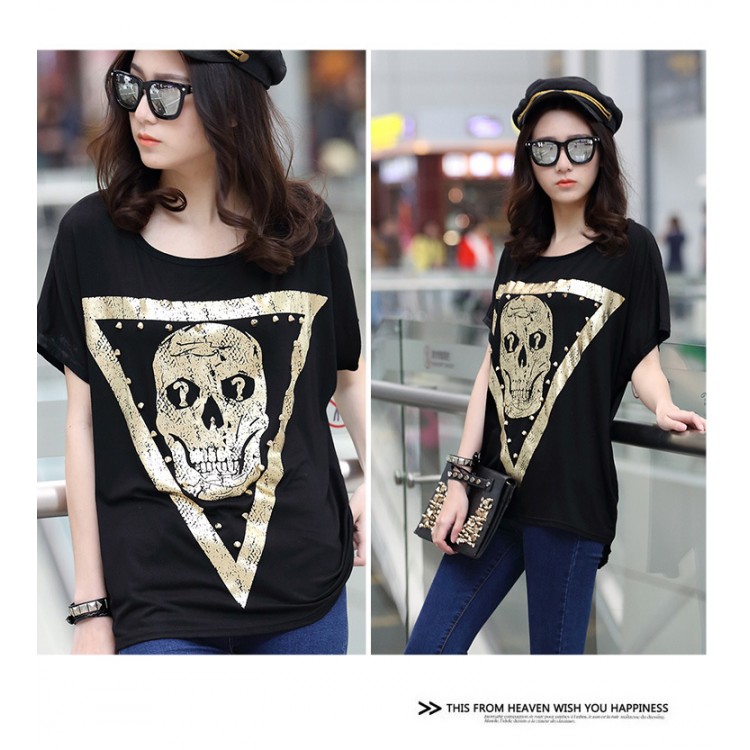 TE6015AYY T-shirt ampia con stampa teschio in metallo per ragazza grassa-6