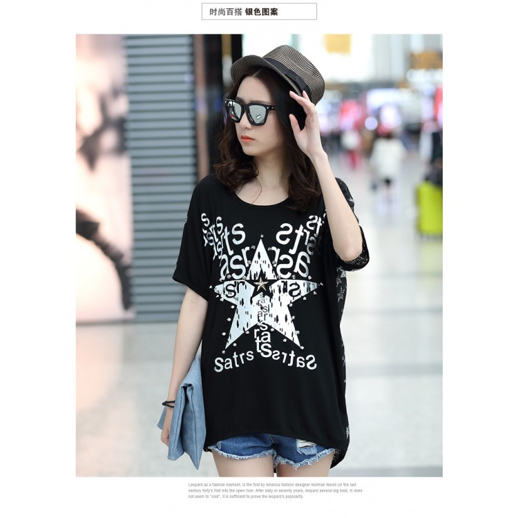 TE6016AYY T-shirt ampia con stampa di stella a cinque punte per ragazza grassa-1