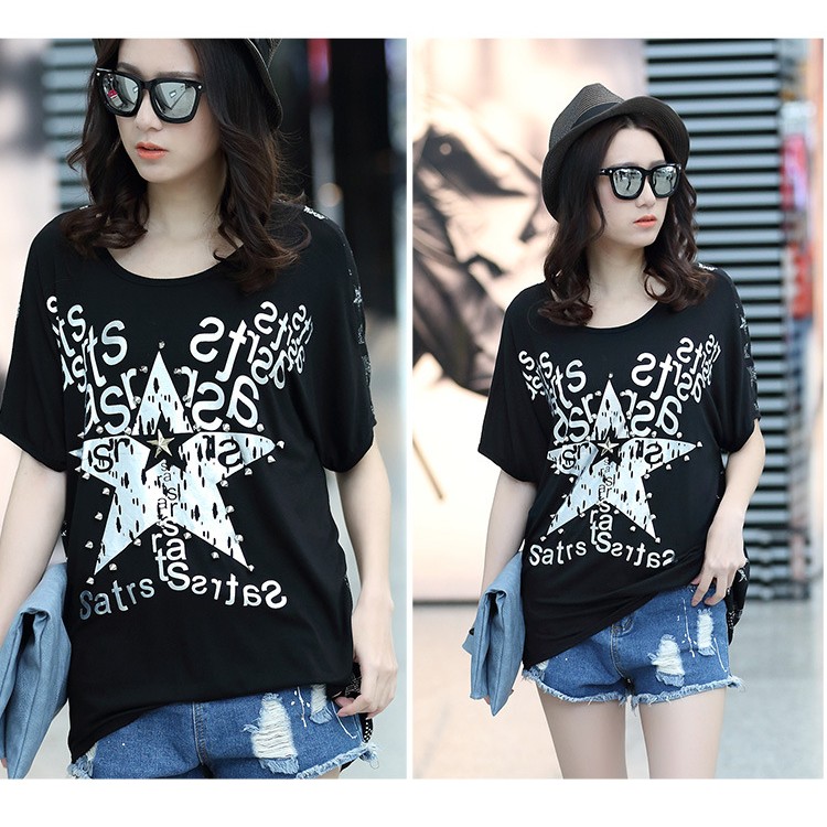 TE6016AYY T-shirt ampia con stampa di stella a cinque punte per ragazza grassa-2