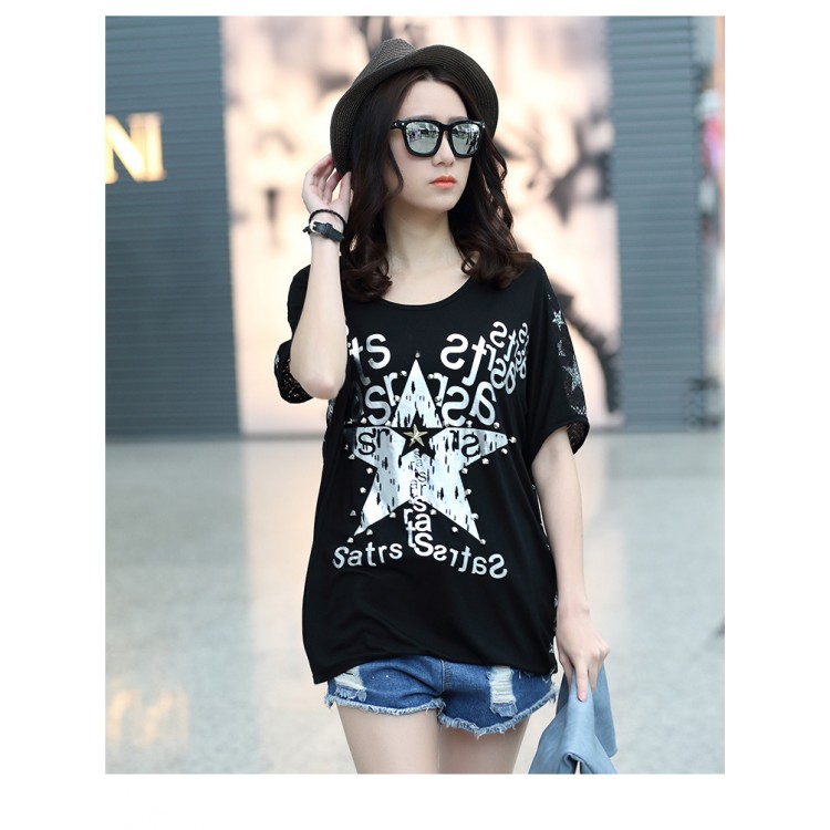 TE6016AYY T-shirt ampia con stampa di stella a cinque punte per ragazza grassa-4