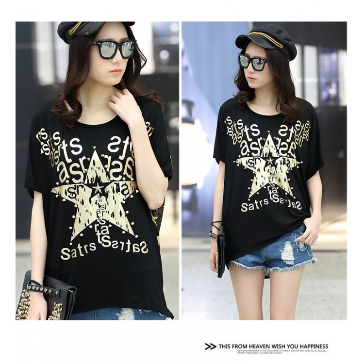 TE6016AYY T-shirt ampia con stampa di stella a cinque punte per ragazza grassa-5