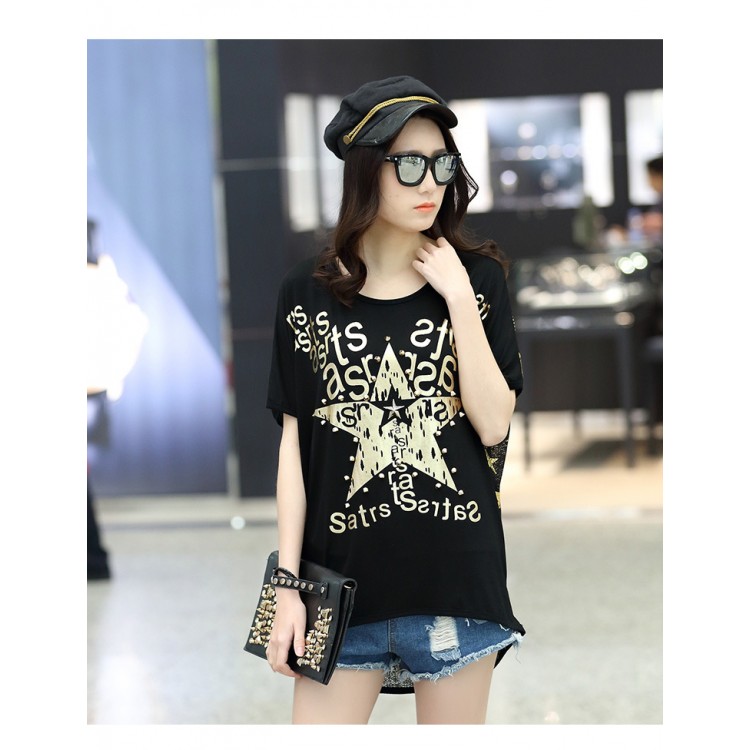 TE6016AYY T-shirt ampia con stampa di stella a cinque punte per ragazza grassa-6