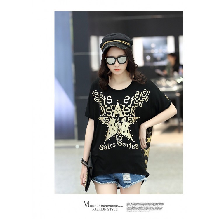 TE6016AYY T-shirt ampia con stampa di stella a cinque punte per ragazza grassa-7