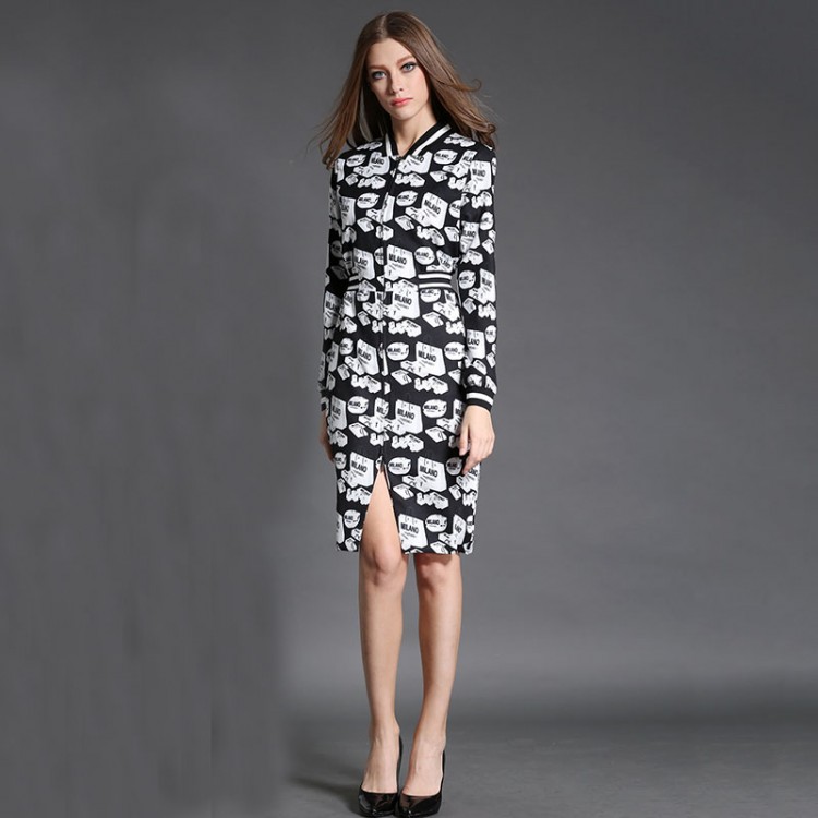 TE6019HYXMW Abito a maniche lunghe con scollo a V con cerniera e stampa temperamento autunnale-3