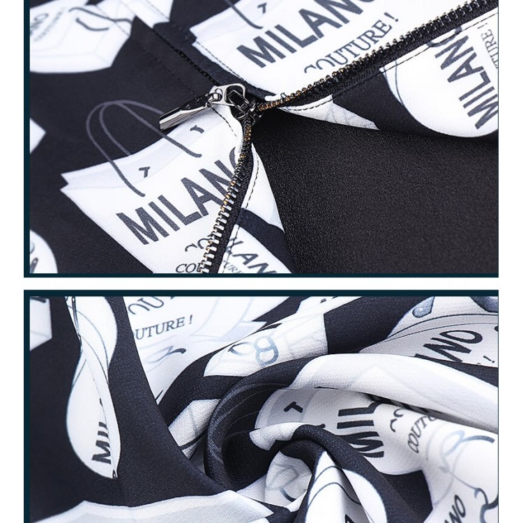 TE6019HYXMW Abito a maniche lunghe con scollo a V con cerniera e stampa temperamento autunnale-5