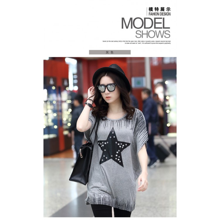 TE6020AYY T-shirt ampia con stampa applique di stella a cinque punte da ragazza grassa-1